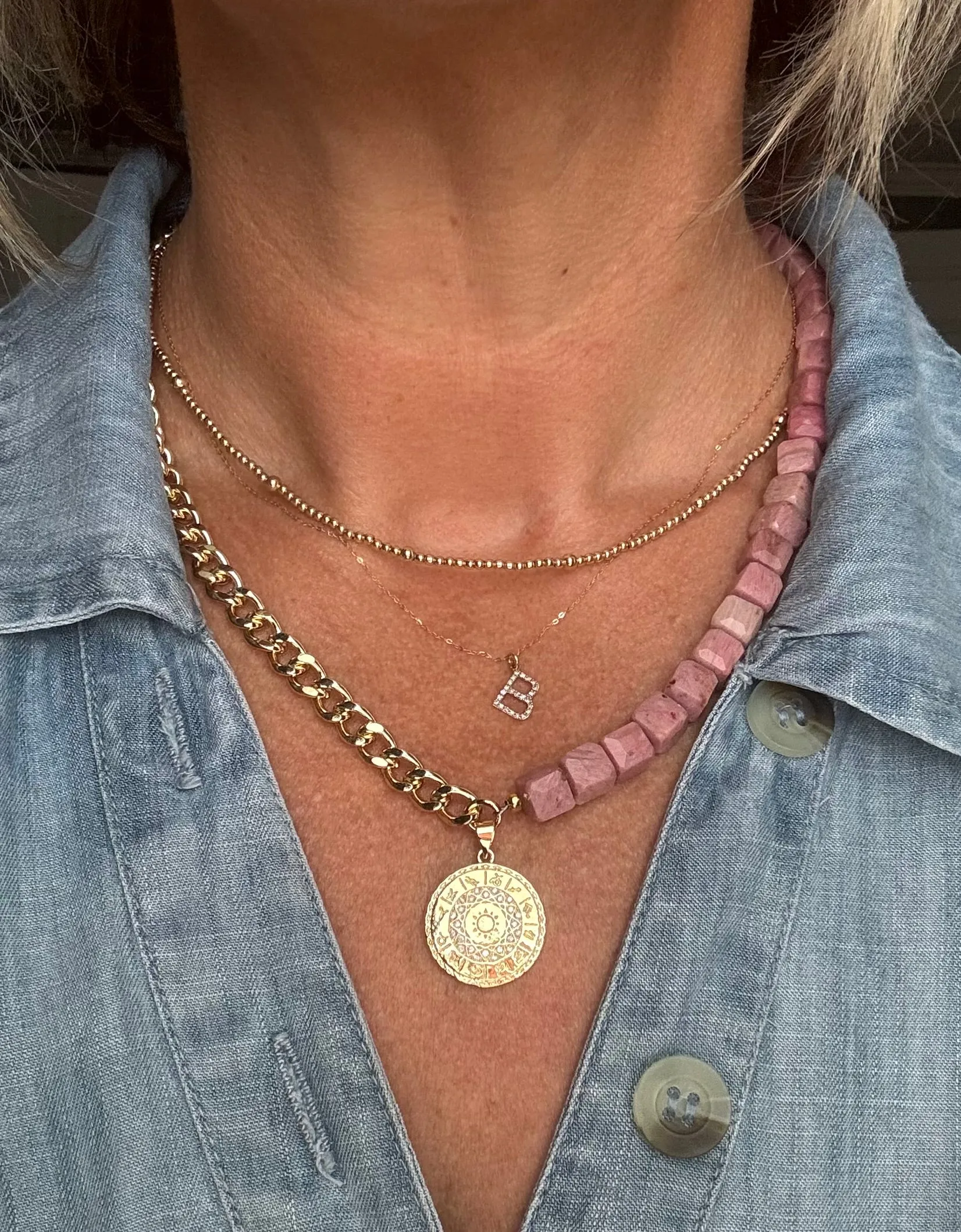 Pink Rhodonite and Astrology Pendant Necklace