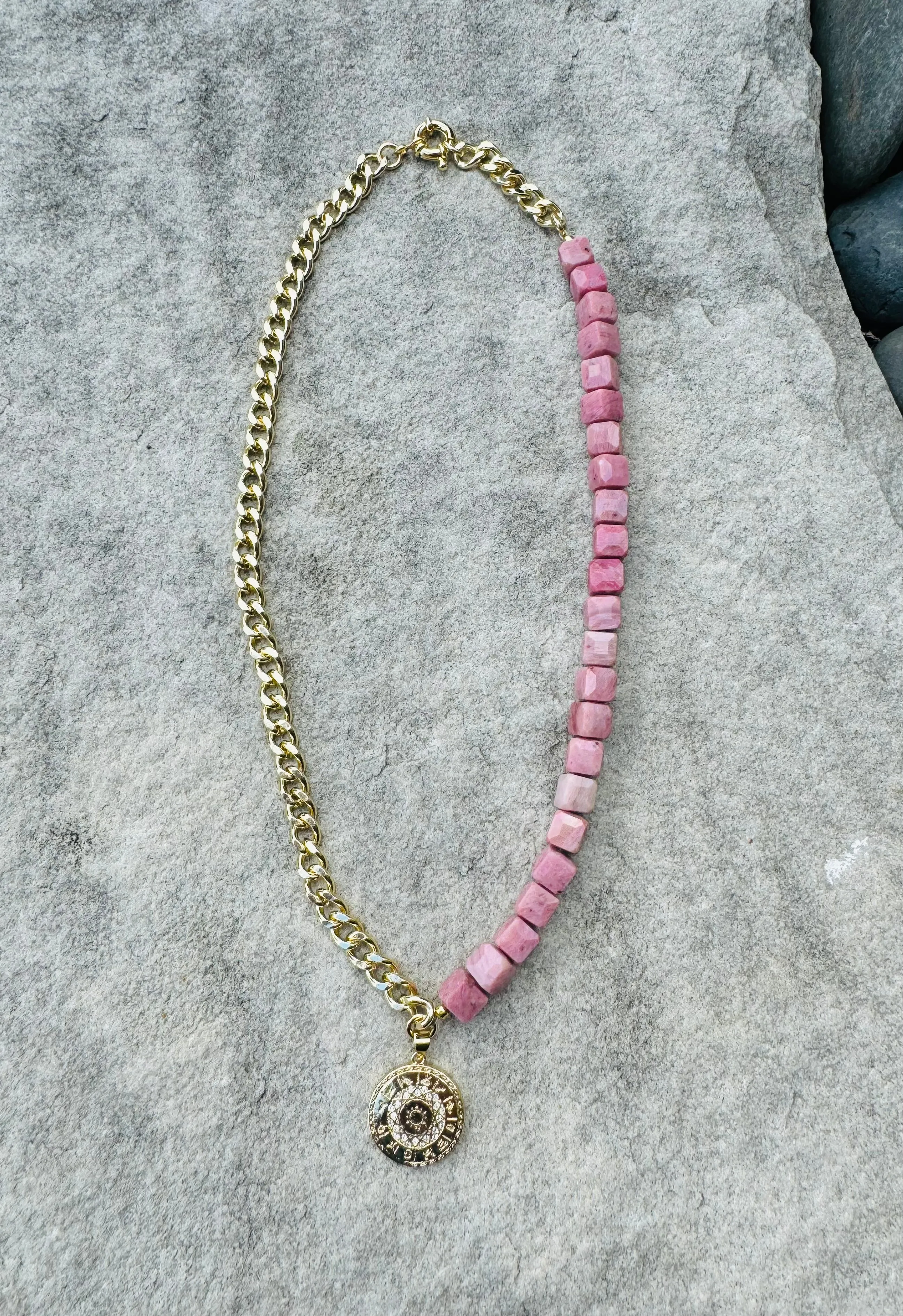 Pink Rhodonite and Astrology Pendant Necklace