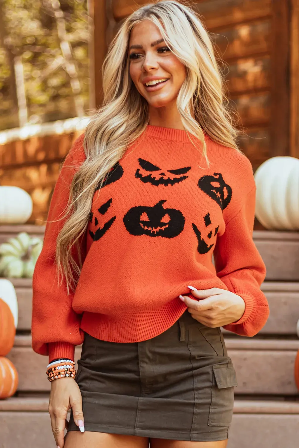 Pumpkin Pattern Round Neck Sweater