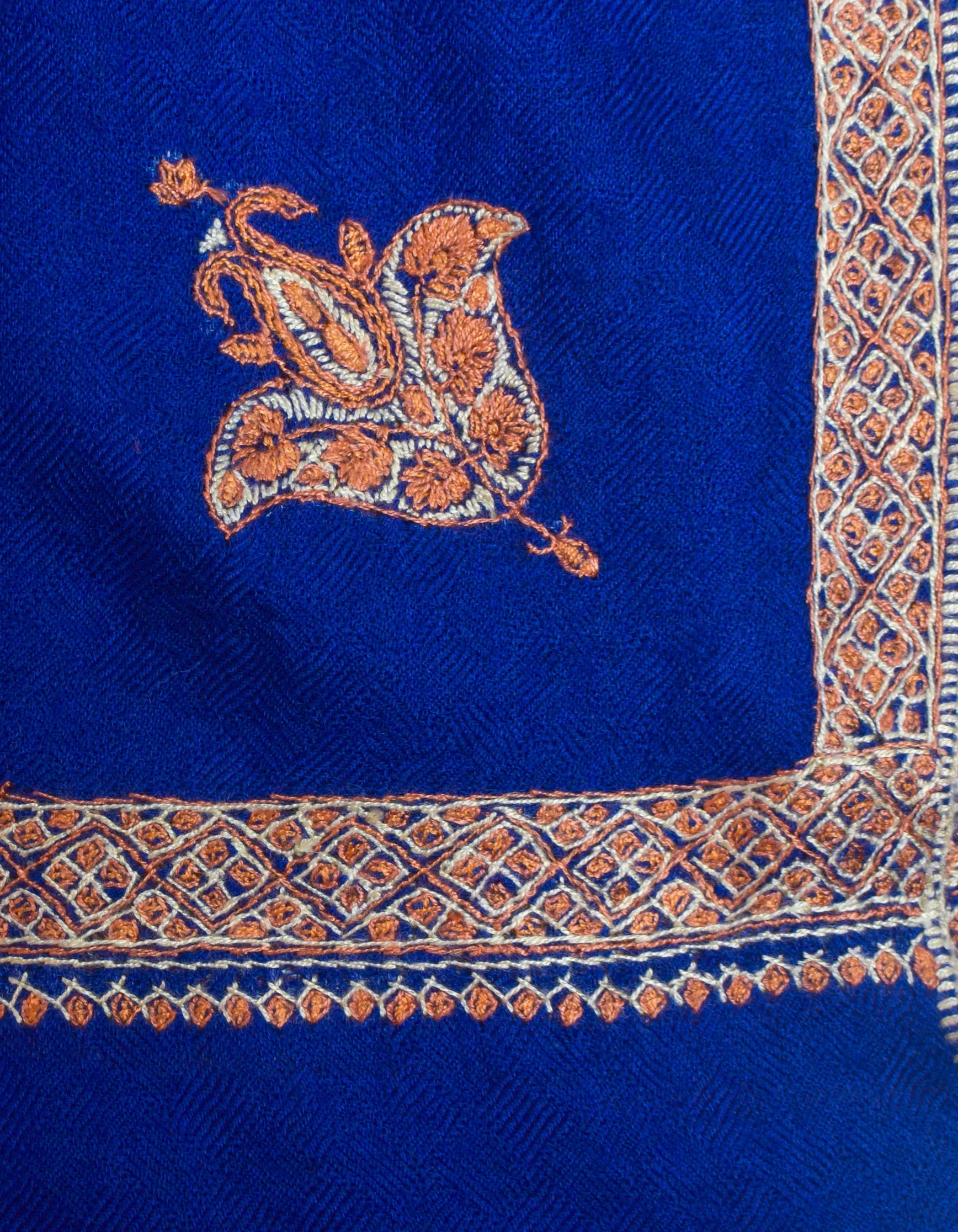 Royal Blue Handwoven Sozni Border Embroidered Cashmere Pashmina Stole