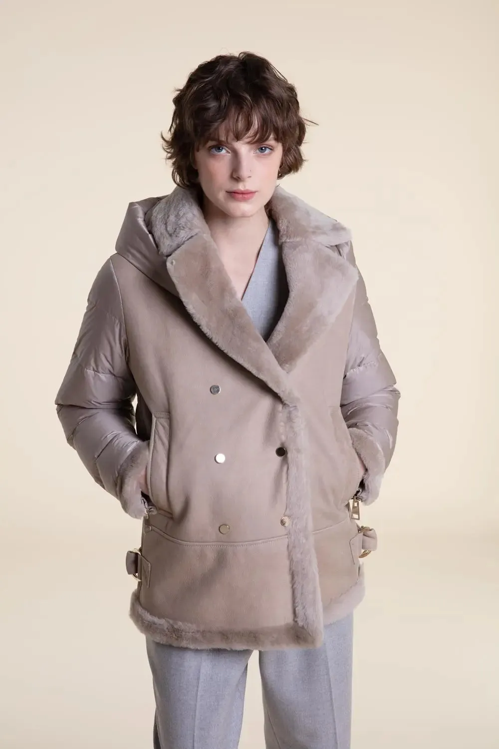 Shearling jacket with down sleeves