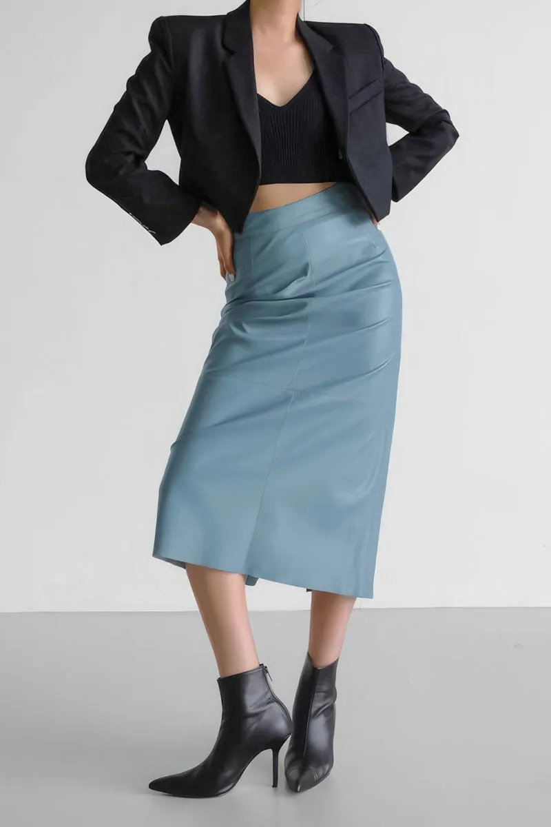 Split Straight PU Midi Skirt with Slit