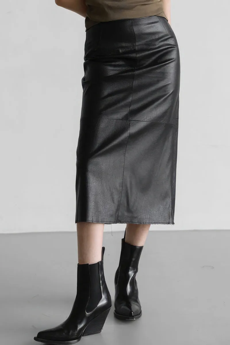 Split Straight PU Midi Skirt with Slit