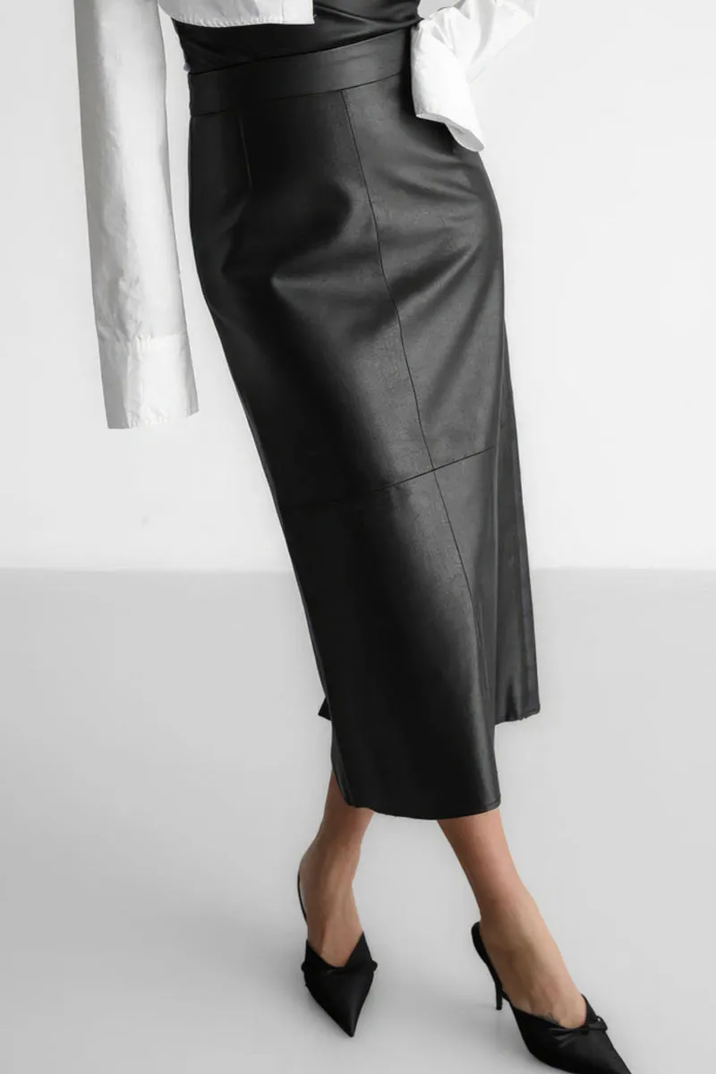 Split Straight PU Midi Skirt with Slit