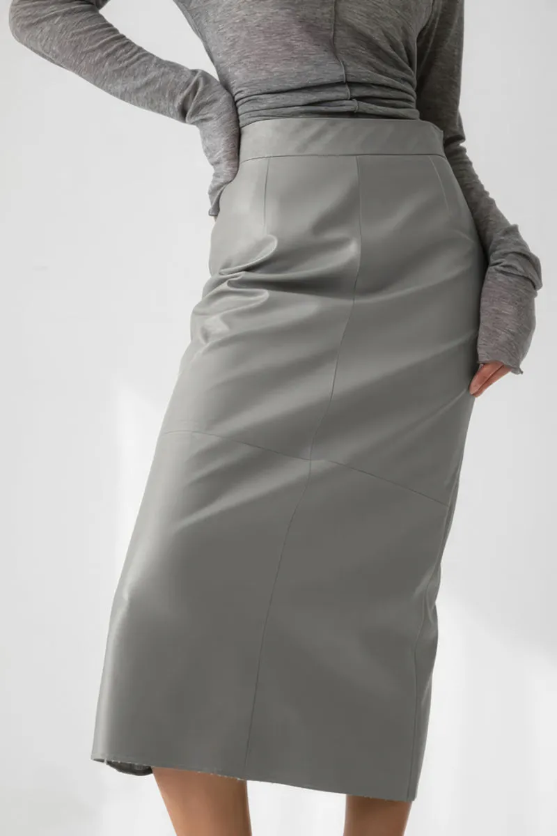 Split Straight PU Midi Skirt with Slit