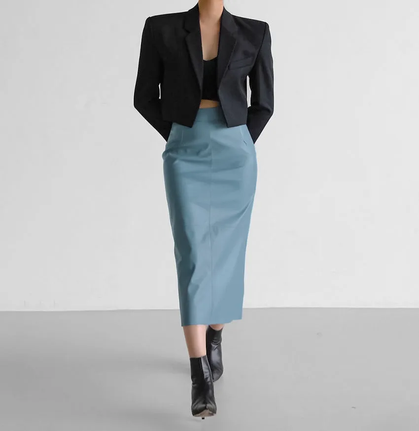 Split Straight PU Midi Skirt with Slit