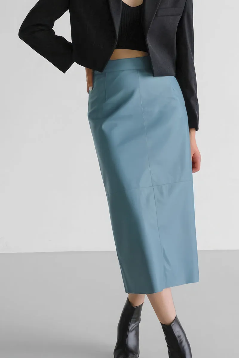 Split Straight PU Midi Skirt with Slit