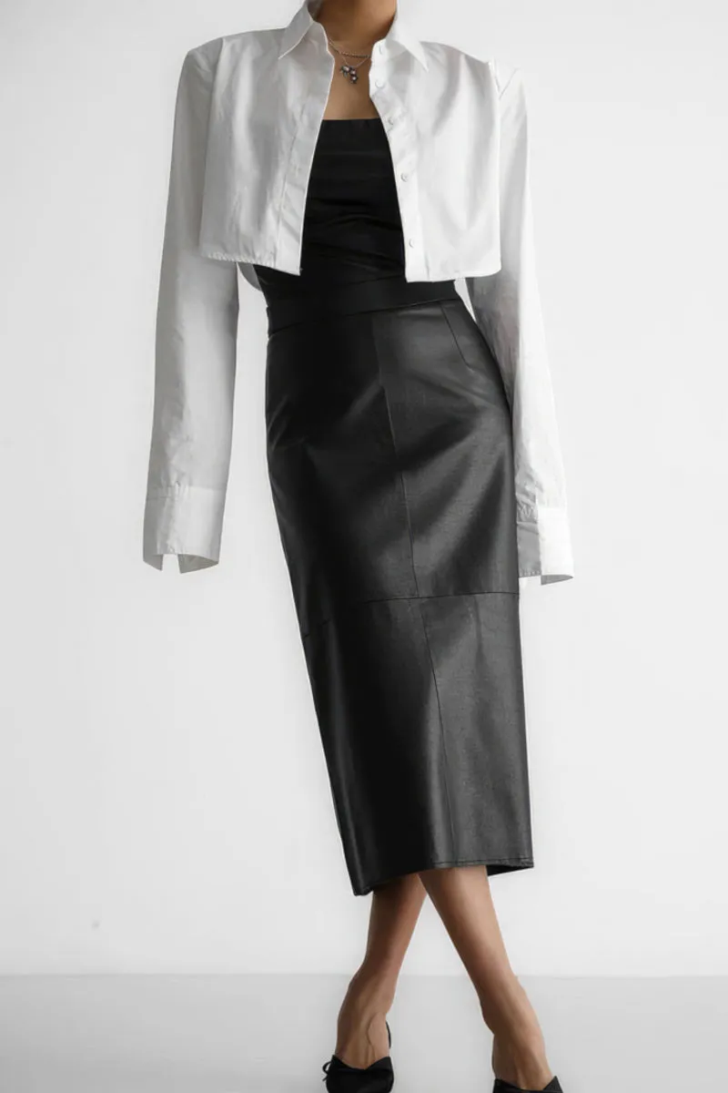 Split Straight PU Midi Skirt with Slit