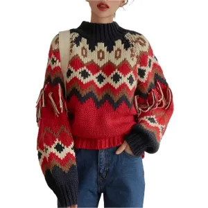 TEEK - Vintage Red Jacquard Fringe Knit Sweaters