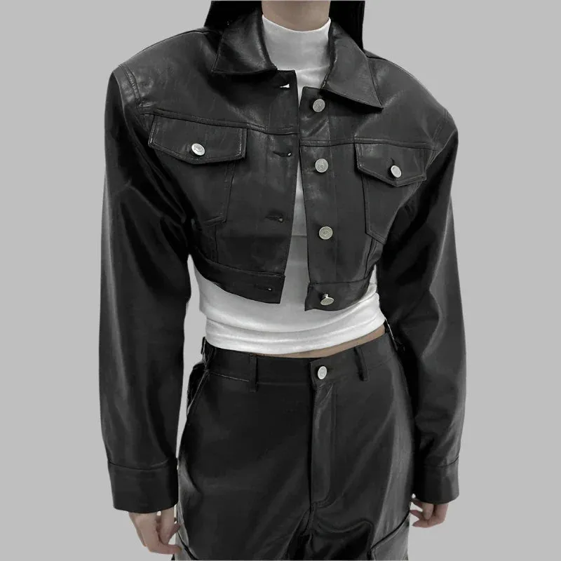 Wenkouban-Winter outfits Christmas Black Friday Shoulder Pad Short Button PU Leather Jacket