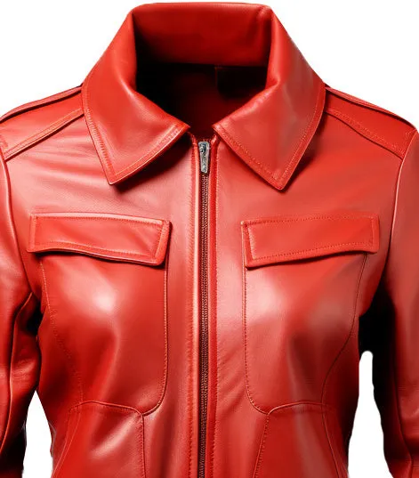 Women Red Leather Jacket Bomber Style