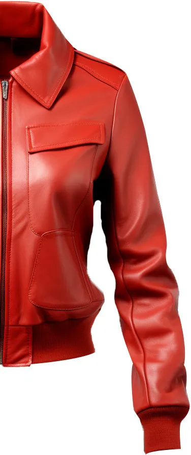 Women Red Leather Jacket Bomber Style