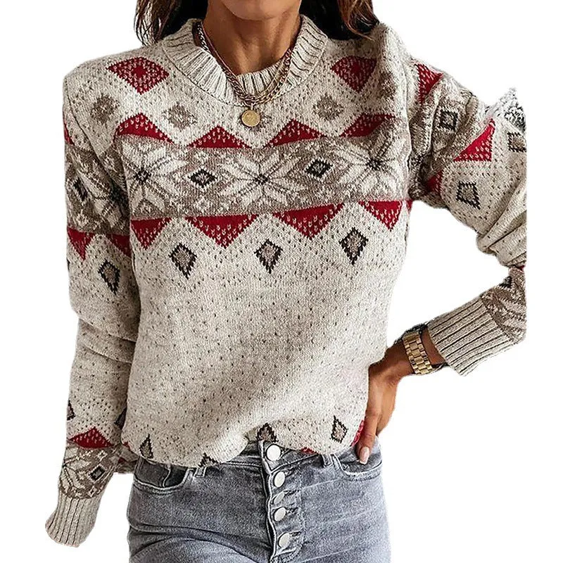 Women's Geometric Rhombus Contrast Color Sweater Warm