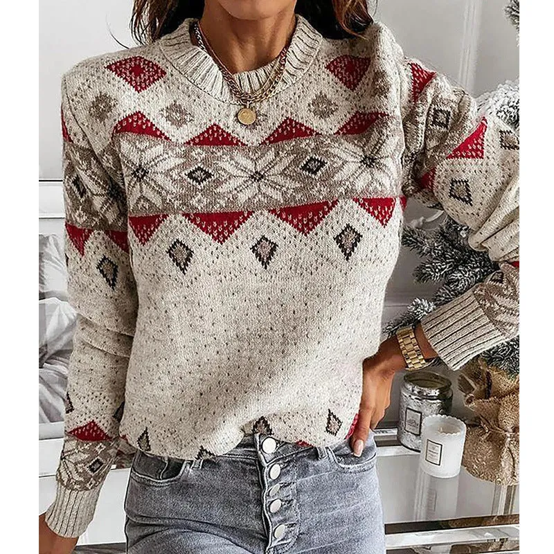 Women's Geometric Rhombus Contrast Color Sweater Warm