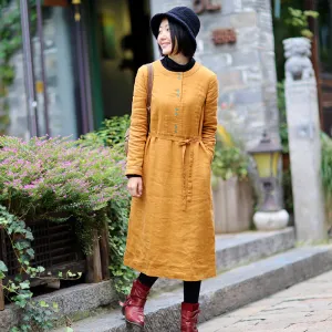 Yellow Linen Women Dresses Long Sleeves Autumn winter Women DressesWC961846