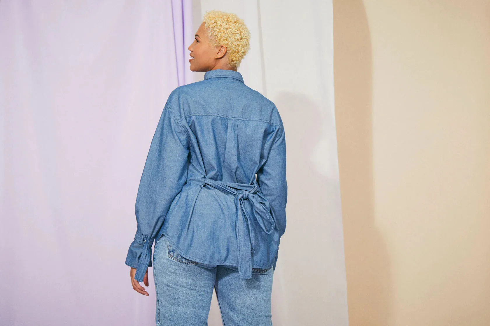 Zadie Boyfriend Shirt, Light Wash Japanese Denim, by Saywood.